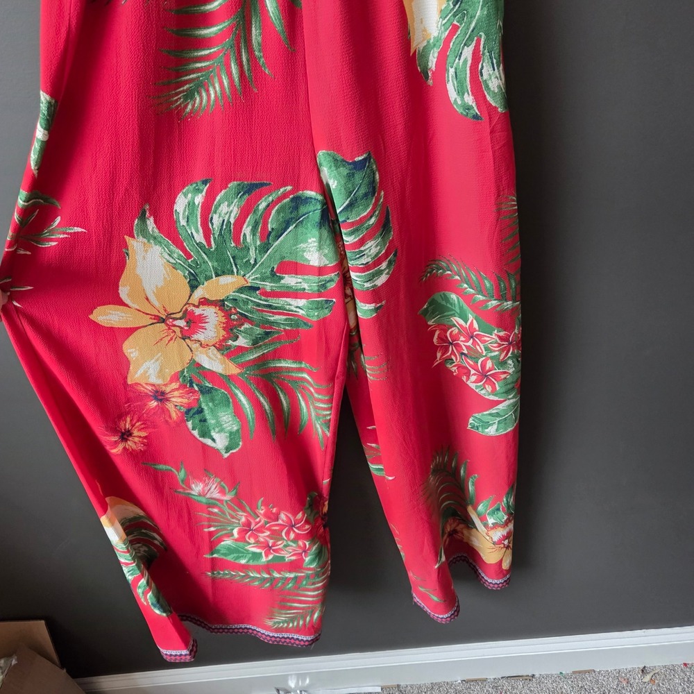 Flying Tomato Red Tropical Floral Wide Leg Jumpsuit V-Neck Boho Medium - Picture 3 of 11